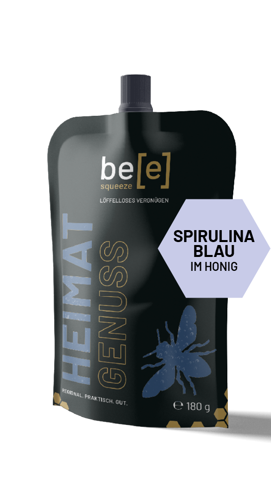 Einzelbeutel Spirulina blau im Honig beesqueeze regionaler Imkerhonig im praktischen Quetschbeutel blauer Honig