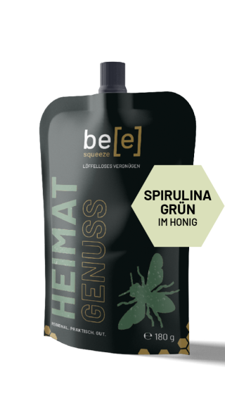 Einzelbeutel Spirulina grün im Honig beesqueeze regionaler Imkerhonig im Quetschbeutel