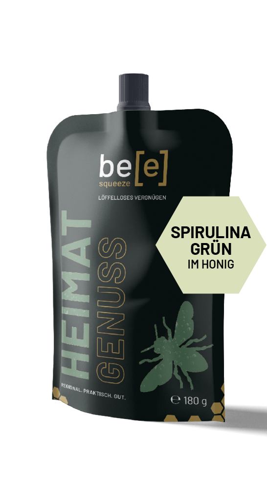 Einzelbeutel Spirulina grün im Honig beesqueeze regionaler Imkerhonig im Quetschbeutel